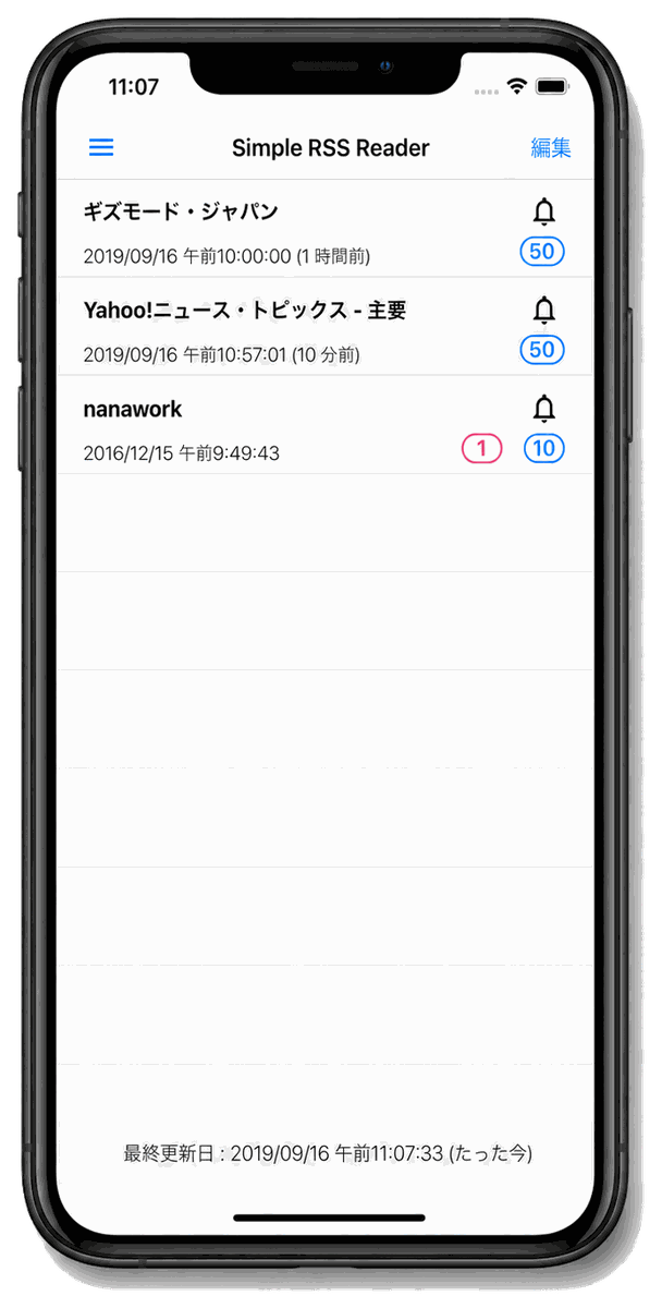 Simple RSS Readerのフィード一覧画面。登録サイトごとに未読件数が表示されている